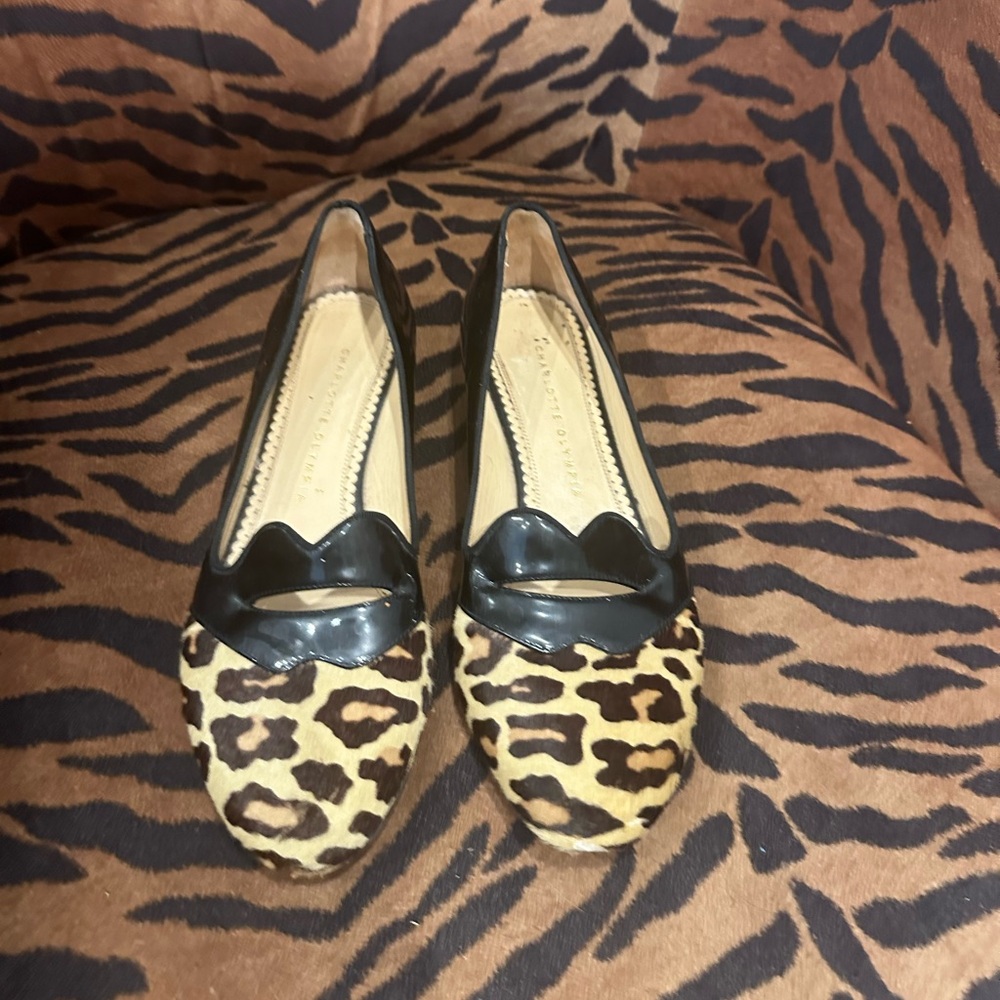 Charlotte Olympia bisoux patent leather and pony skin flats
